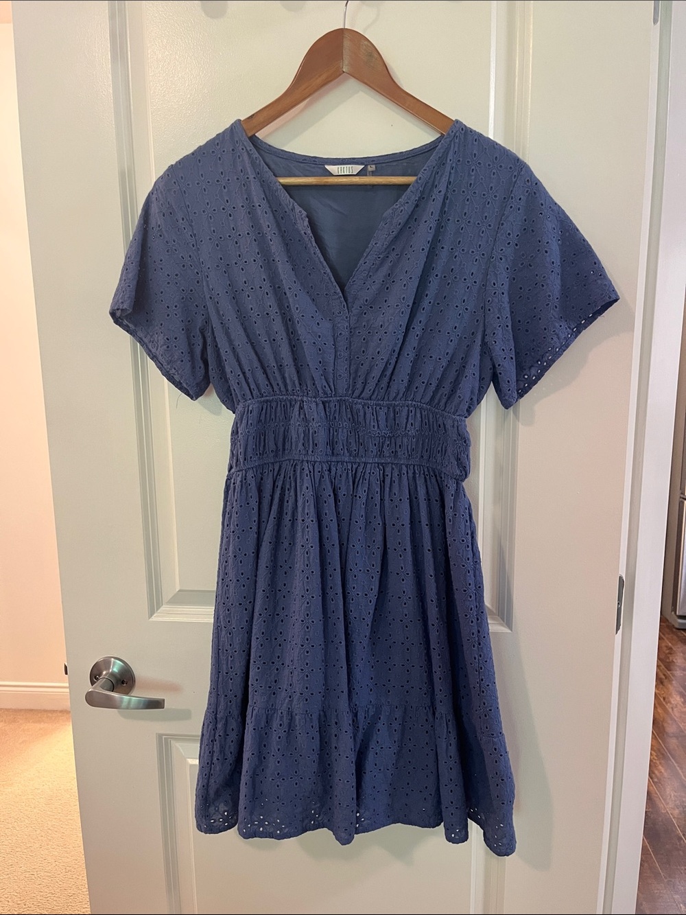 Kaktus Dusty Blue Eyelet V-Neck Tiered Dress